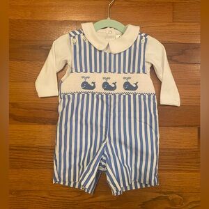 Blue and White Striped Baby Boy Smocked Jon Jon Shortall Whales Romper